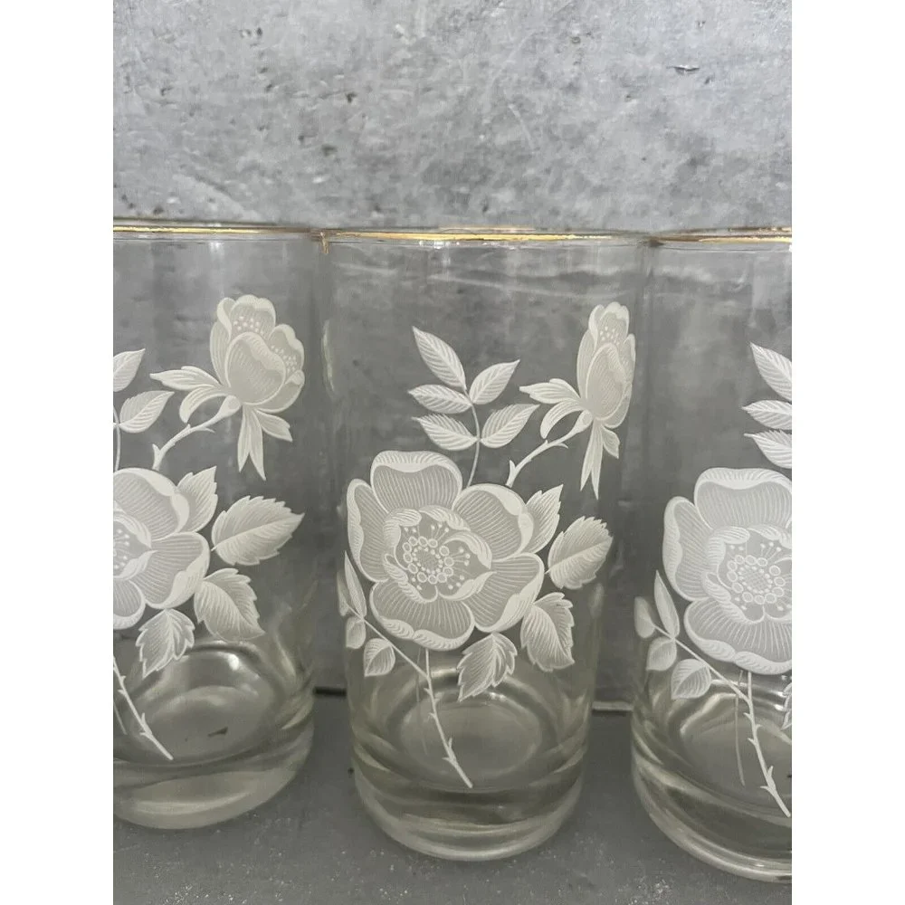 Vintage Wild Rose Floral Juice Glasses Gold Rim Tumblers Set of 5
